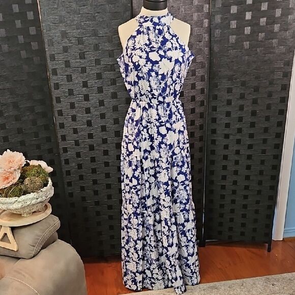 Floral Halter Maxi Dress - Blue and White Size Small - Picture 2 of 11